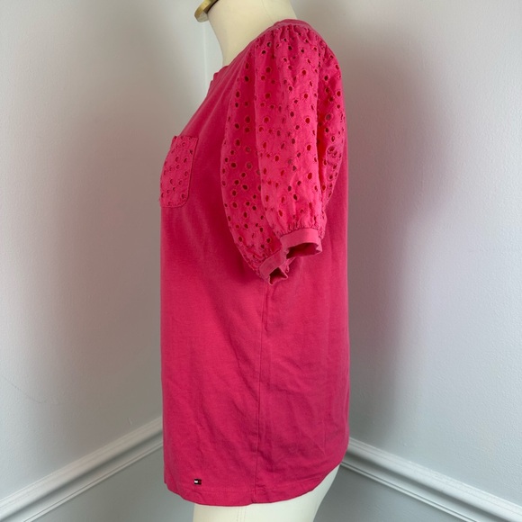 TOMMY HILFIGER Pink Eyelet Sleeves Top | Size Medium - Picture 4 of 10